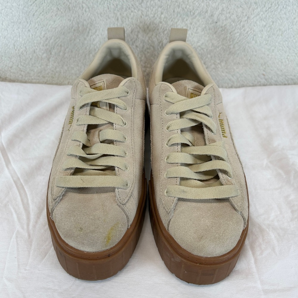 Puma Mayze Womens Oatmeal Team Gold Suede Platform Sneakers 380784-06 Size 8 - Picture 2 of 16